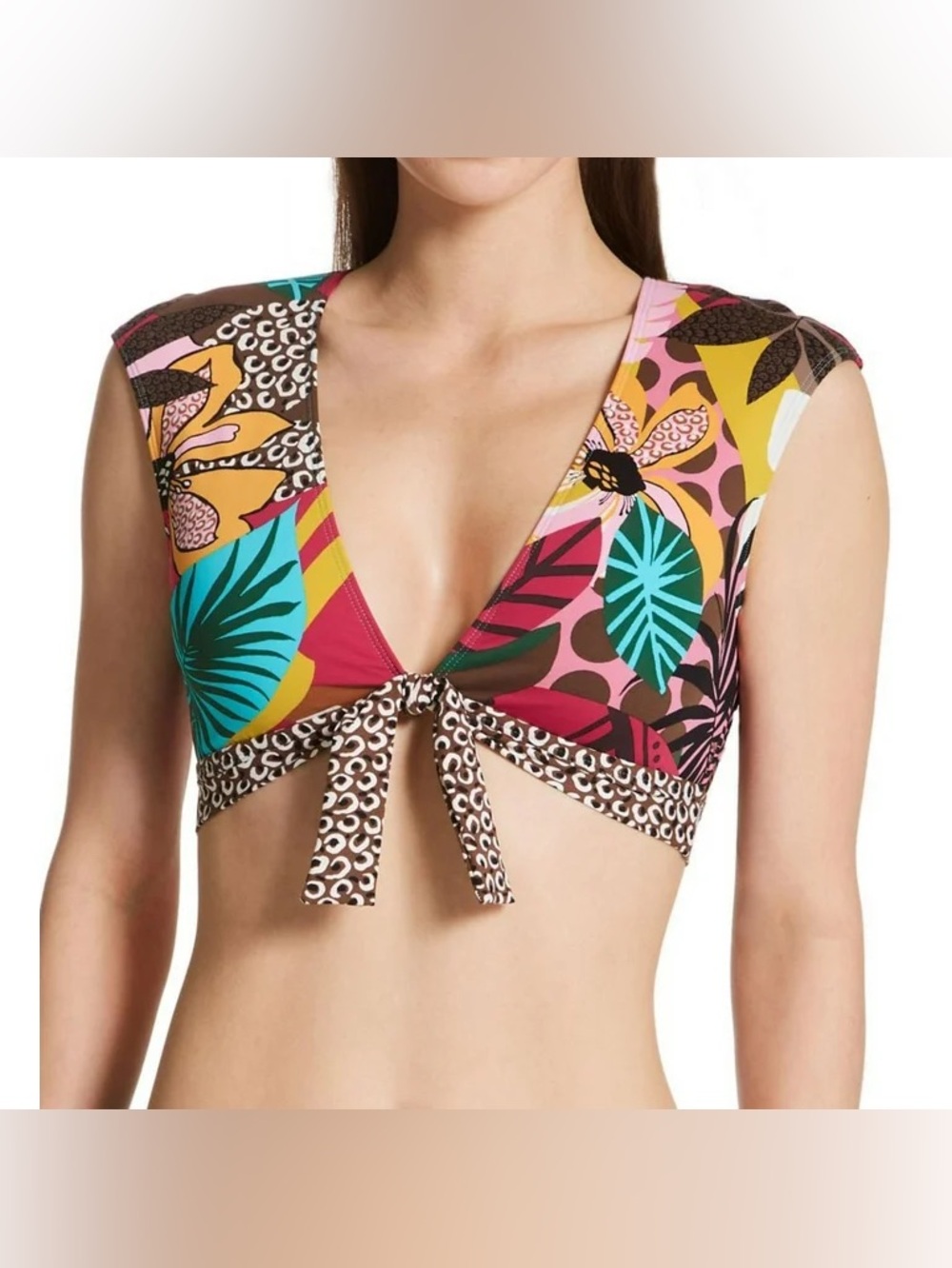 Women’s botanical print deep v plunge swim top removable pads size 6 EUC